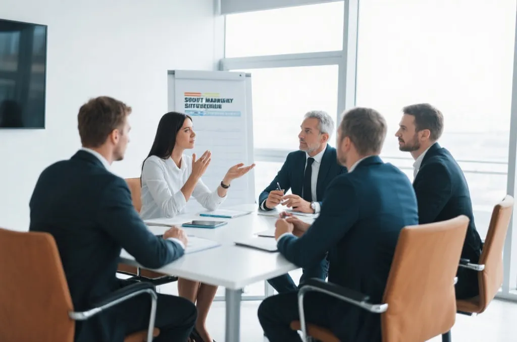 現代化辦公室中，企業高層與行銷團隊正熱烈討論體育行銷合作企劃