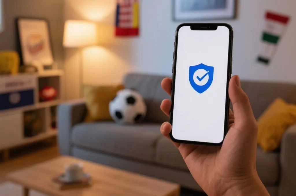 A cozy modern living room with a smartphone displaying a secure profile checkmark